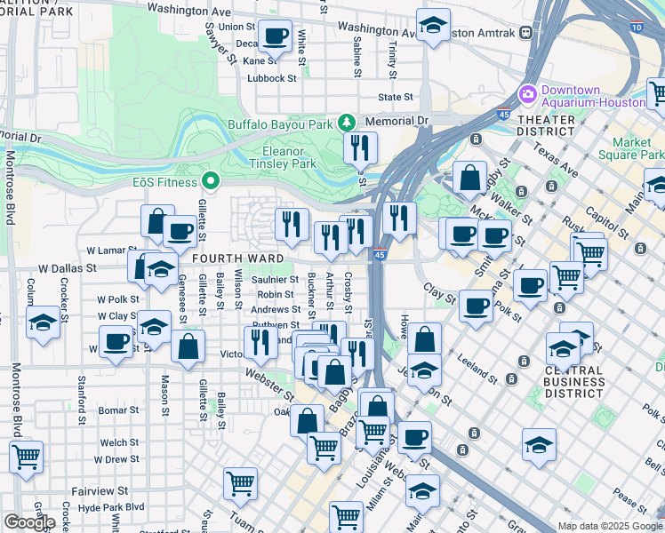 map of restaurants, bars, coffee shops, grocery stores, and more near 839 Saulnier Street in Houston