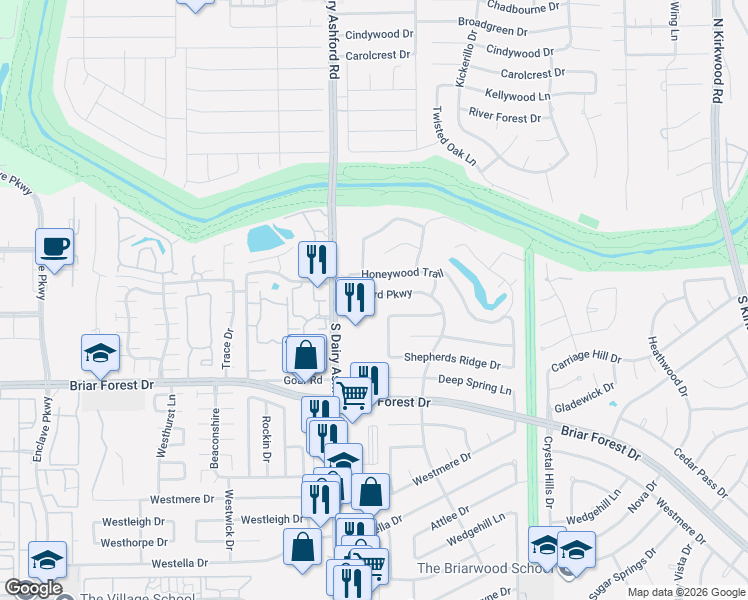 map of restaurants, bars, coffee shops, grocery stores, and more near 1202 Berrywood Lane in Houston