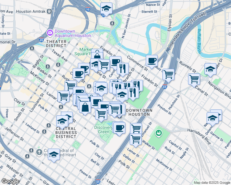 map of restaurants, bars, coffee shops, grocery stores, and more near 1510 Texas Avenue in Houston
