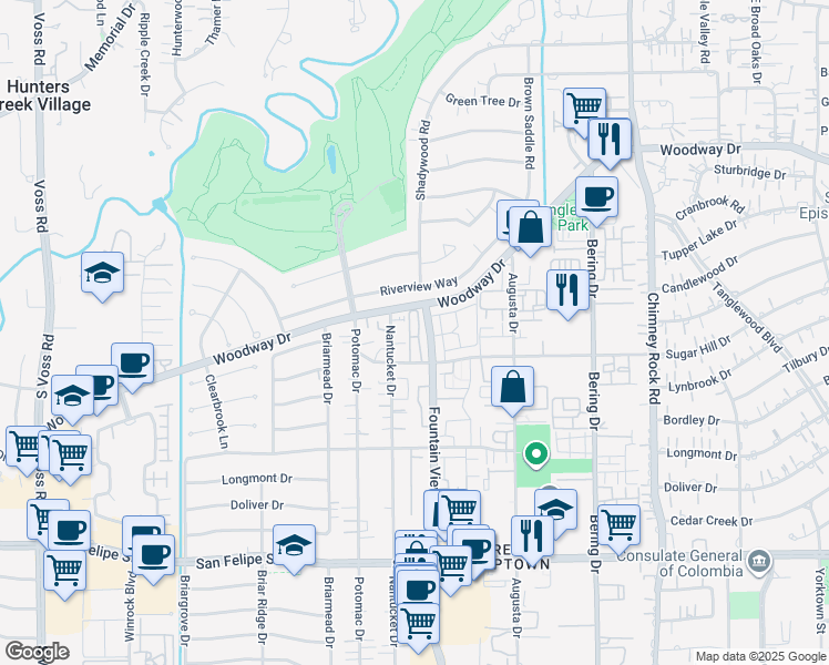 map of restaurants, bars, coffee shops, grocery stores, and more near 1025 Nantucket Drive in Houston