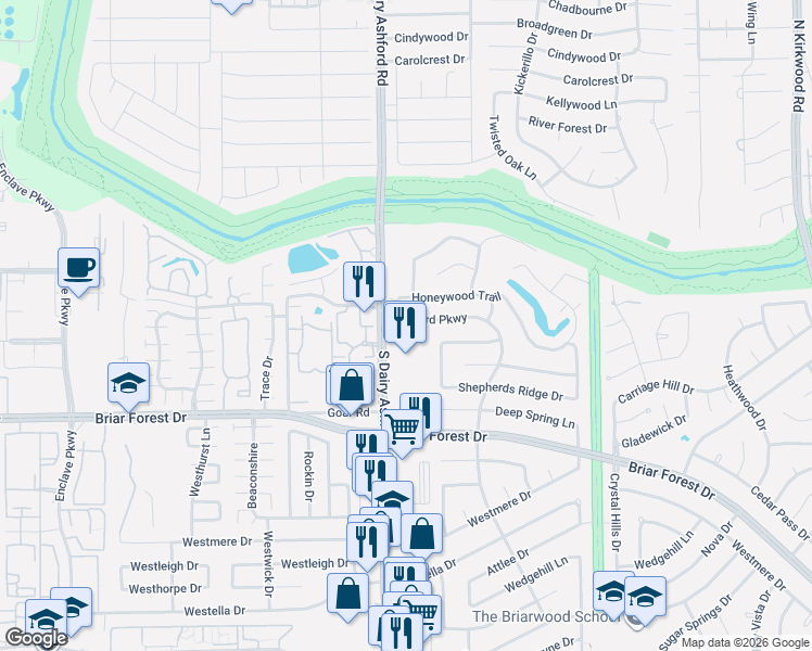 map of restaurants, bars, coffee shops, grocery stores, and more near 1315 South Dairy Ashford Road in Houston