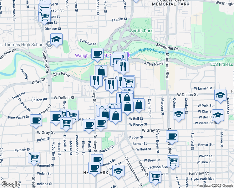 map of restaurants, bars, coffee shops, grocery stores, and more near 3200 West Dallas Street in Houston