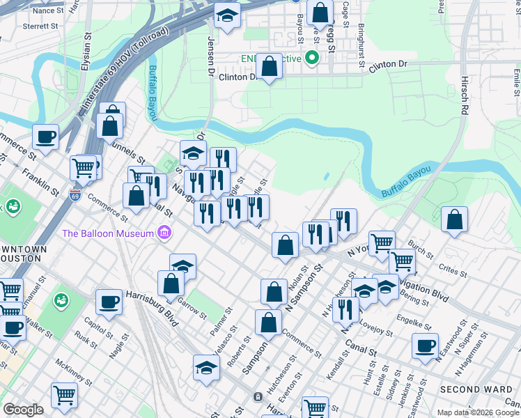 map of restaurants, bars, coffee shops, grocery stores, and more near 2903 Engelke Street in Houston