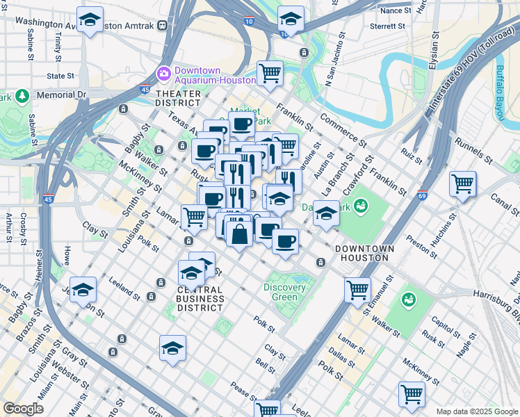 map of restaurants, bars, coffee shops, grocery stores, and more near 701 San Jacinto Street in Houston