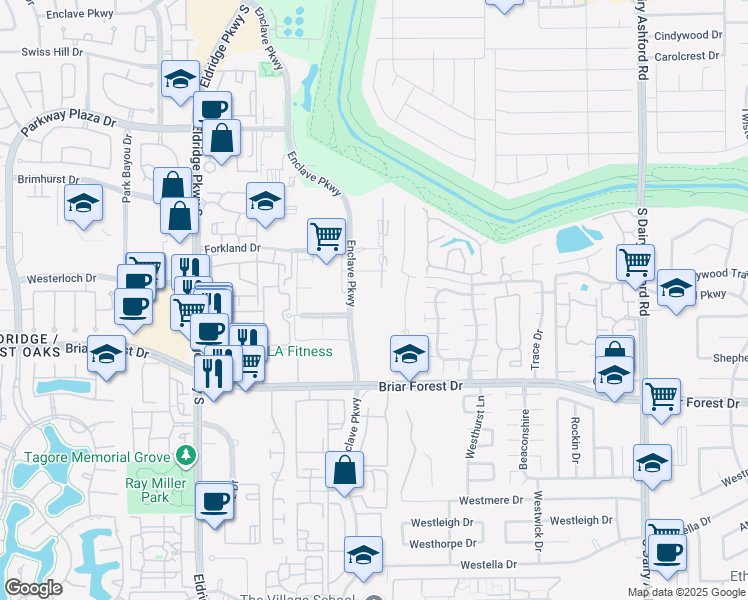 map of restaurants, bars, coffee shops, grocery stores, and more near 1401 Enclave Parkway in Houston