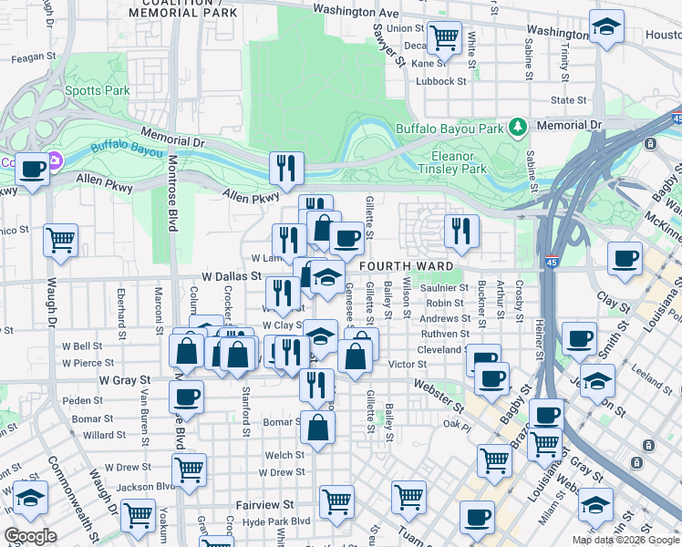 map of restaurants, bars, coffee shops, grocery stores, and more near in Houston