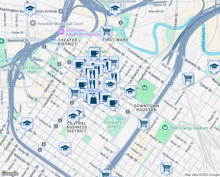 map of restaurants, bars, coffee shops, grocery stores, and more near in Houston