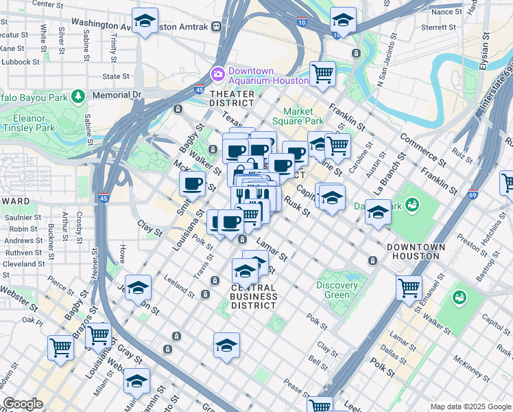 map of restaurants, bars, coffee shops, grocery stores, and more near 1000 Main street in Houston