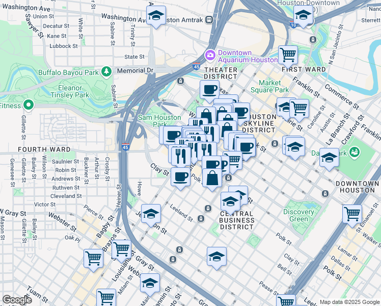 map of restaurants, bars, coffee shops, grocery stores, and more near 1100 Louisiana Street in Houston