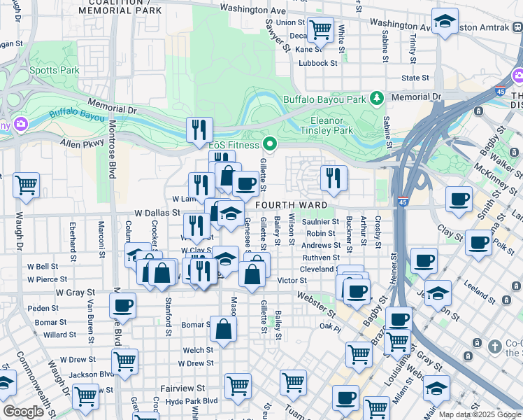 map of restaurants, bars, coffee shops, grocery stores, and more near 1610 West Dallas Street in Houston