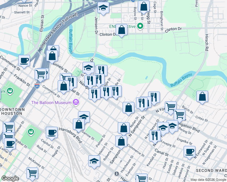 map of restaurants, bars, coffee shops, grocery stores, and more near 2903 Engelke Street in Houston