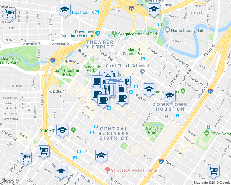 map of restaurants, bars, coffee shops, grocery stores, and more near 1000 Main street in Houston
