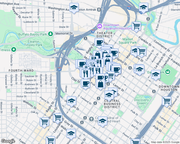 map of restaurants, bars, coffee shops, grocery stores, and more near 1205 Louisiana Street in Houston