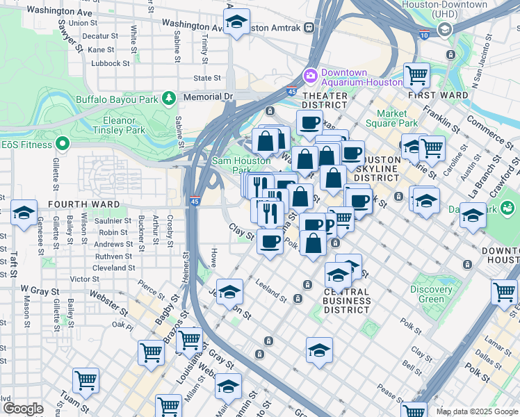 map of restaurants, bars, coffee shops, grocery stores, and more near 1241-1299 Smith Street in Houston