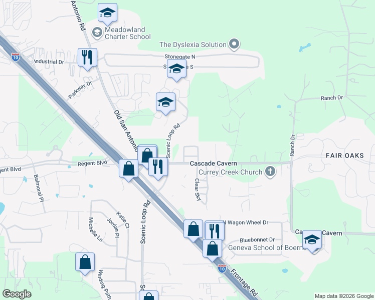 map of restaurants, bars, coffee shops, grocery stores, and more near 112 Jolie Circle in Boerne