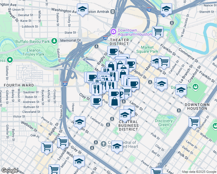 map of restaurants, bars, coffee shops, grocery stores, and more near 1100 Louisiana Street in Houston