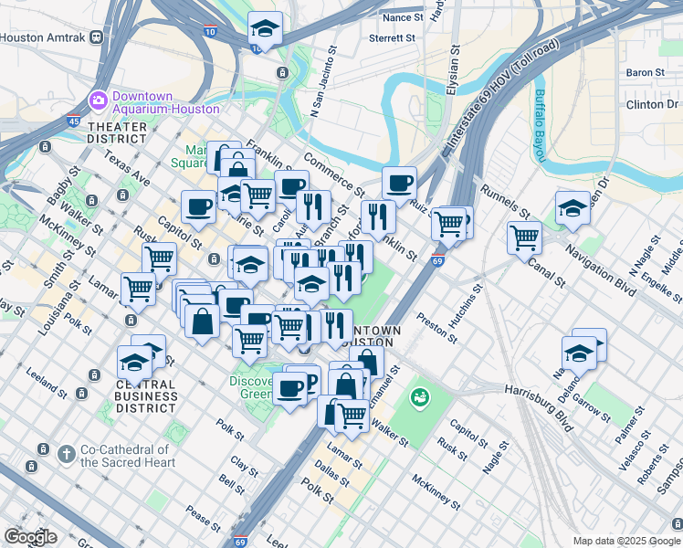 map of restaurants, bars, coffee shops, grocery stores, and more near 1600 Preston Street in Houston