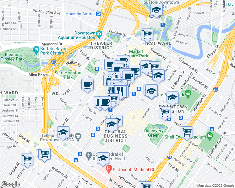 map of restaurants, bars, coffee shops, grocery stores, and more near 1000 Main street in Houston