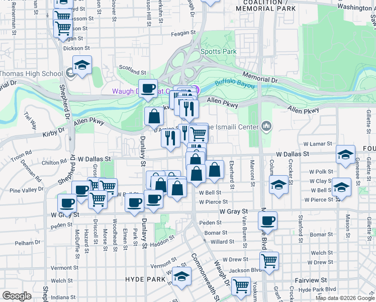 map of restaurants, bars, coffee shops, grocery stores, and more near 3110 West Dallas Street in Houston