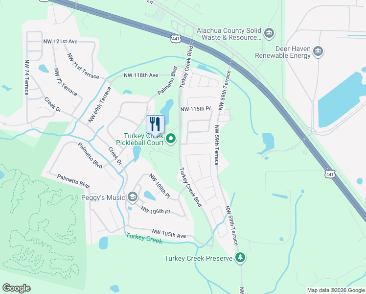 map of restaurants, bars, coffee shops, grocery stores, and more near 6123 Northwest 113th Place in Alachua