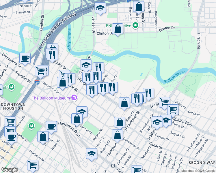map of restaurants, bars, coffee shops, grocery stores, and more near 2701 Bering Street in Houston