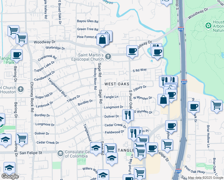 map of restaurants, bars, coffee shops, grocery stores, and more near 16A West Oak Drive in Houston