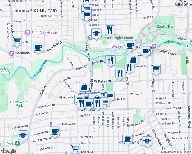 map of restaurants, bars, coffee shops, grocery stores, and more near 820 Marston Street in Houston