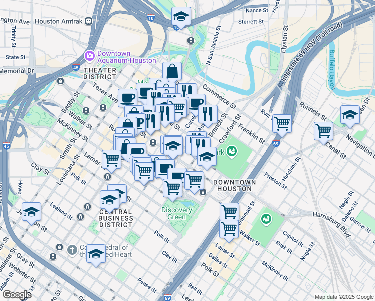 map of restaurants, bars, coffee shops, grocery stores, and more near in Houston