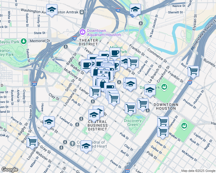 map of restaurants, bars, coffee shops, grocery stores, and more near 802 Main Street in Houston