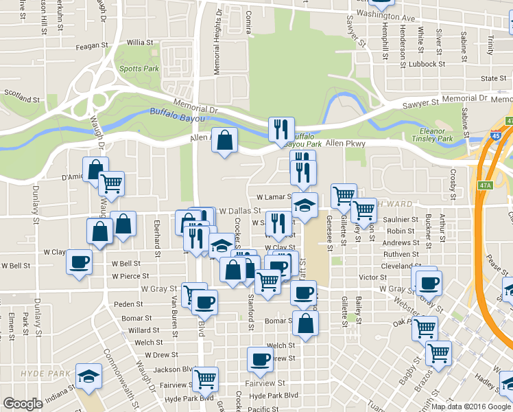 map of restaurants, bars, coffee shops, grocery stores, and more near 1948 West Lamar Street in Houston