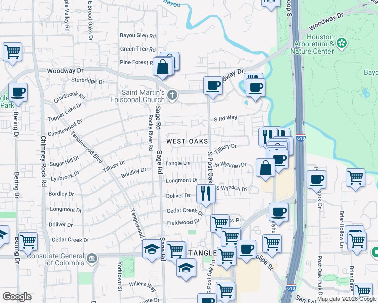 map of restaurants, bars, coffee shops, grocery stores, and more near 5 South West Oak Drive in Houston