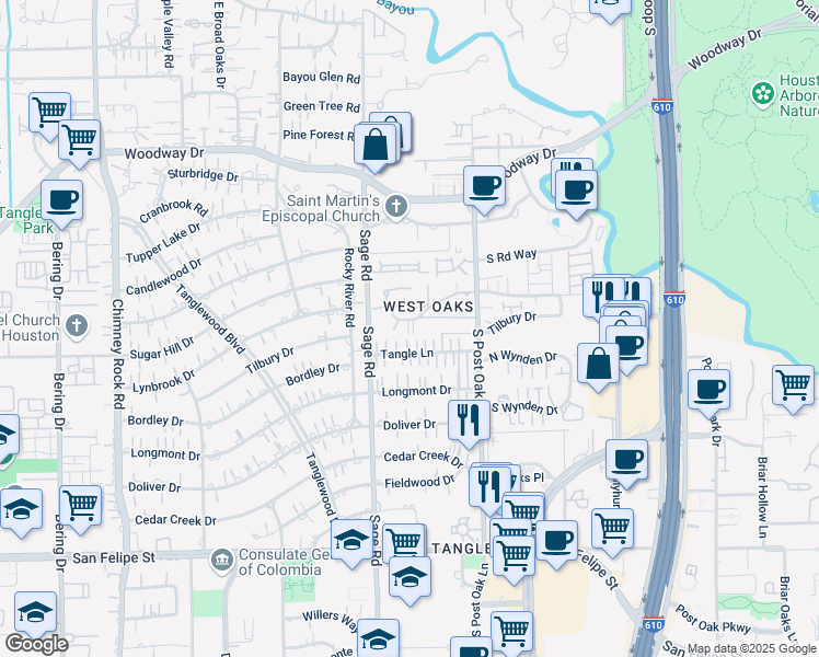 map of restaurants, bars, coffee shops, grocery stores, and more near 16A West Oak Drive in Houston