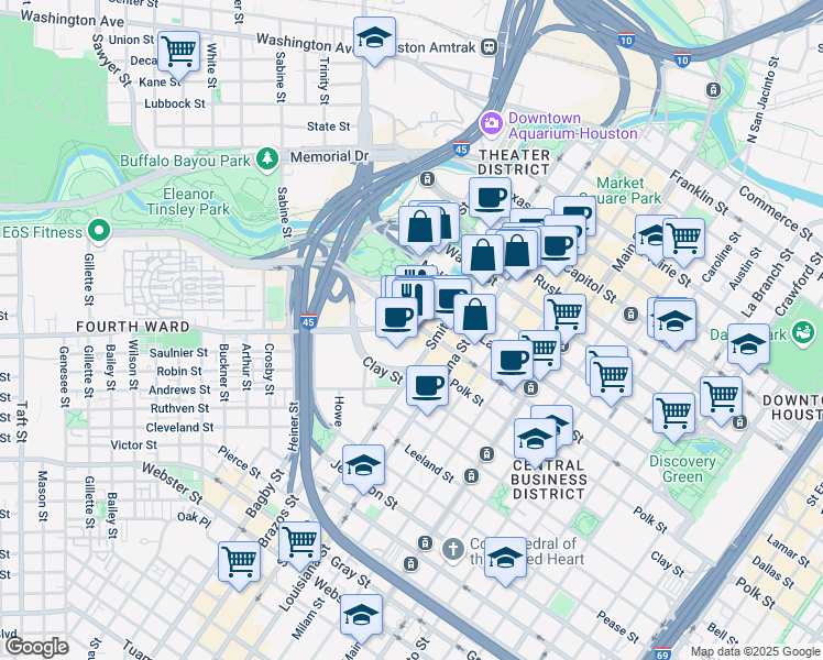 map of restaurants, bars, coffee shops, grocery stores, and more near 500 Dallas Street in Houston