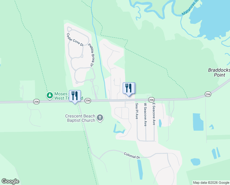 map of restaurants, bars, coffee shops, grocery stores, and more near 981 Irma Way in St. Augustine