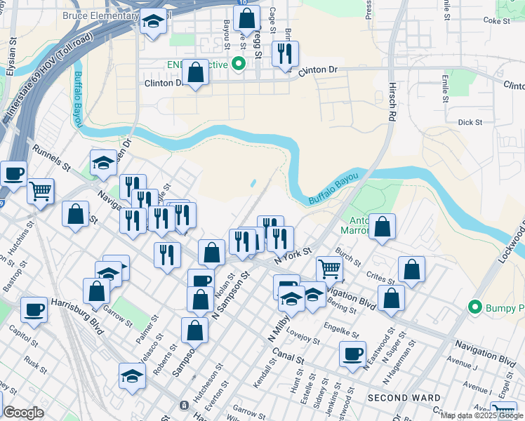 map of restaurants, bars, coffee shops, grocery stores, and more near 3229 Navigation Boulevard in Houston
