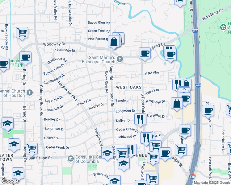 map of restaurants, bars, coffee shops, grocery stores, and more near 1587 Sage Road in Houston