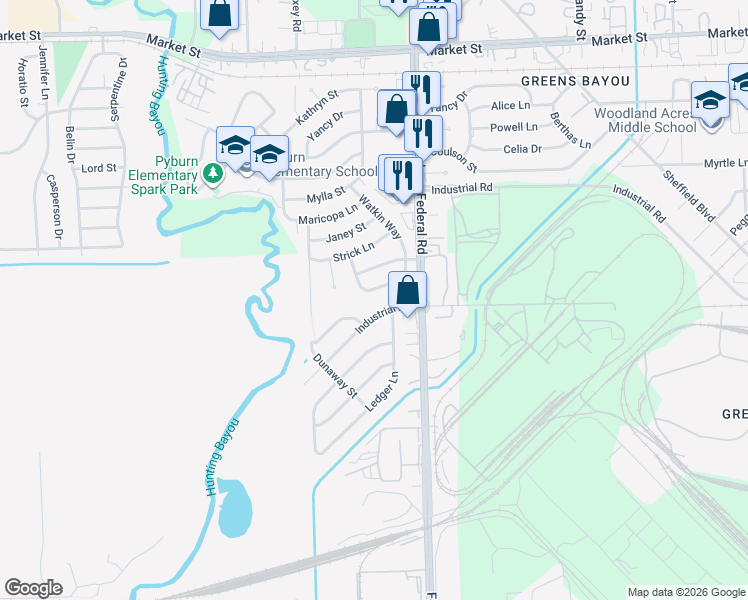 map of restaurants, bars, coffee shops, grocery stores, and more near 12441 Parkey Lane in Houston