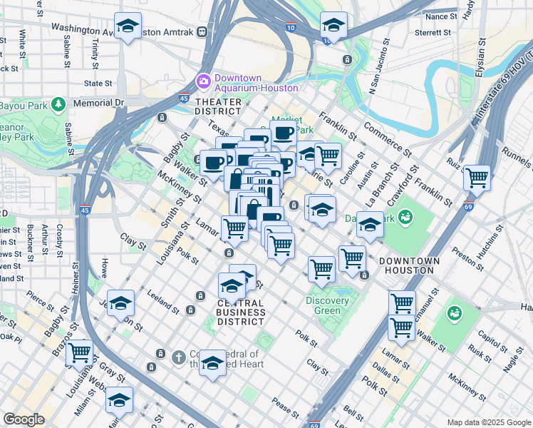 map of restaurants, bars, coffee shops, grocery stores, and more near 802 Main Street in Houston