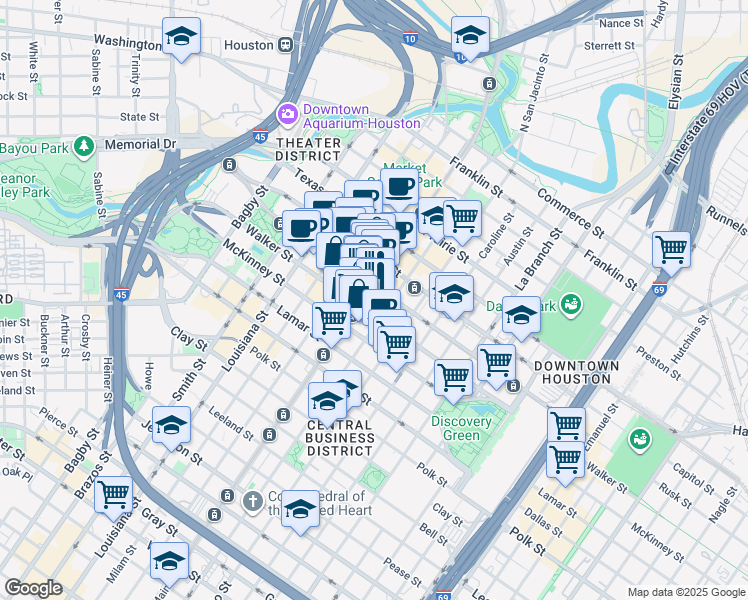 map of restaurants, bars, coffee shops, grocery stores, and more near 802 Main Street in Houston