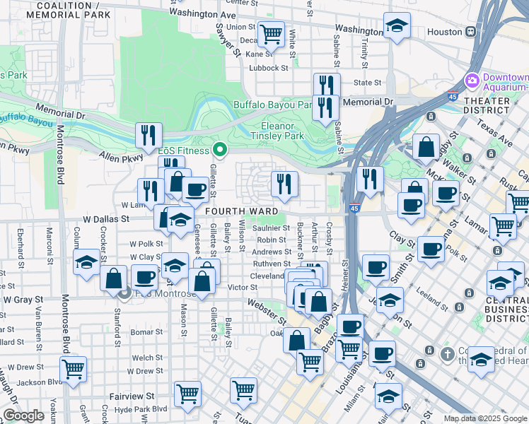 map of restaurants, bars, coffee shops, grocery stores, and more near 1234 West Dallas Street in Houston