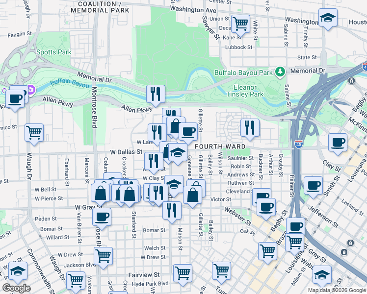 map of restaurants, bars, coffee shops, grocery stores, and more near 901 Rhode Place in Houston