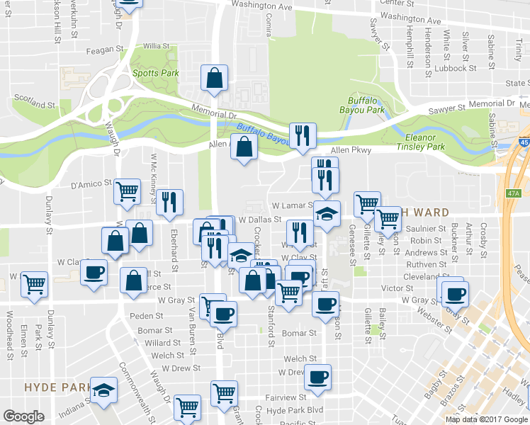 map of restaurants, bars, coffee shops, grocery stores, and more near 526 Waugh Drive in Houston