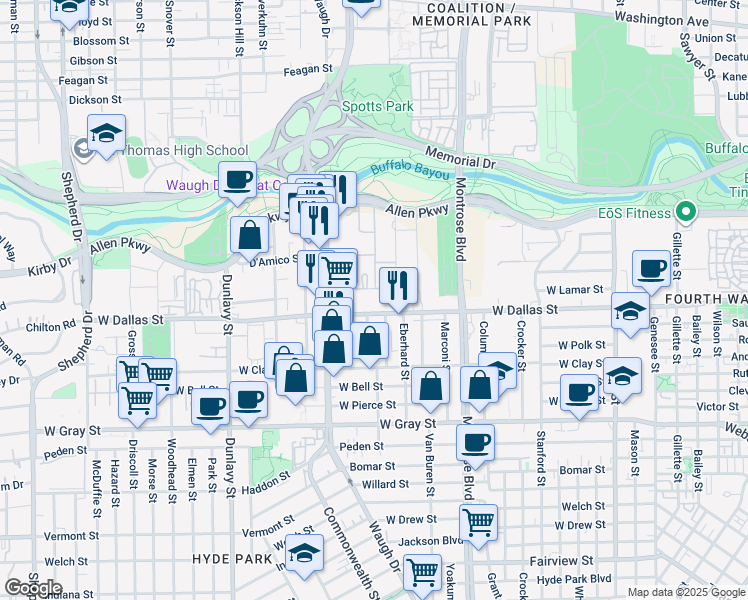 map of restaurants, bars, coffee shops, grocery stores, and more near 2727 Allen Parkway in Houston