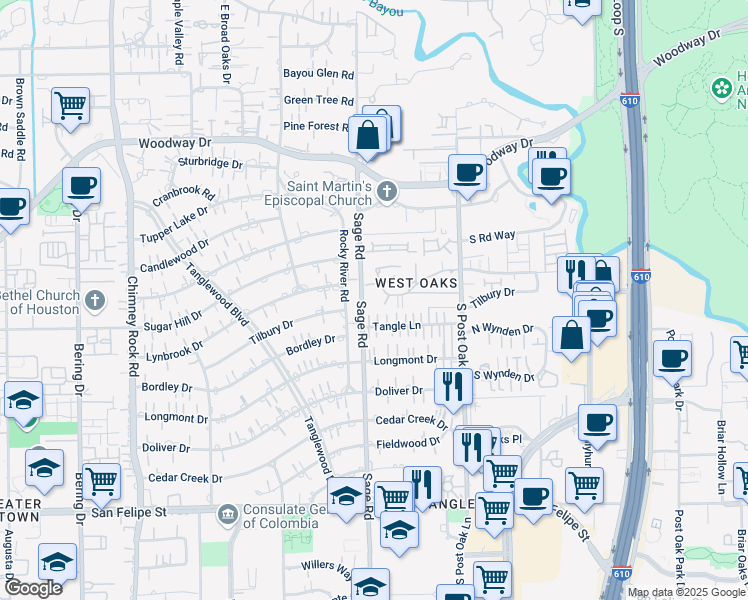 map of restaurants, bars, coffee shops, grocery stores, and more near 1587 Sage Road in Houston