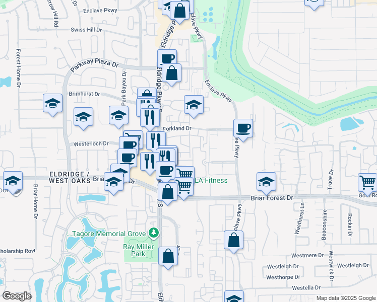 map of restaurants, bars, coffee shops, grocery stores, and more near 1415 Eldridge Parkway in Houston