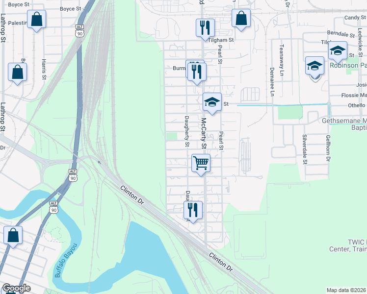 map of restaurants, bars, coffee shops, grocery stores, and more near 7933 Fillmore Street in Houston