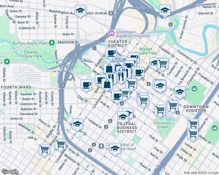 map of restaurants, bars, coffee shops, grocery stores, and more near 910 Louisiana Street in Houston