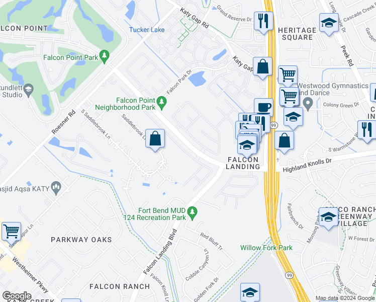 map of restaurants, bars, coffee shops, grocery stores, and more near 23722 River Place Drive in Katy
