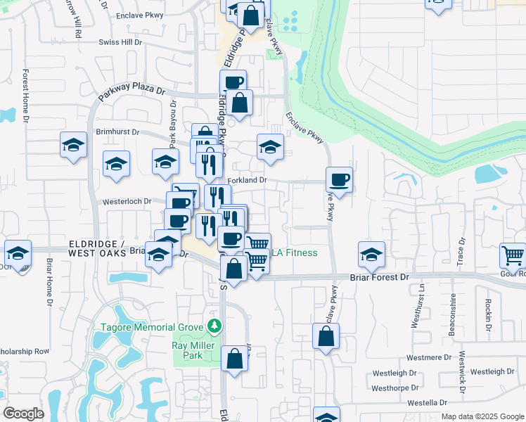 map of restaurants, bars, coffee shops, grocery stores, and more near 1415 Eldridge Parkway in Houston