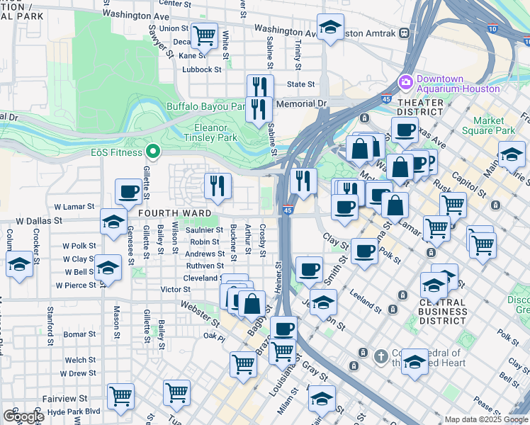 map of restaurants, bars, coffee shops, grocery stores, and more near 820 Crosby Street in Houston